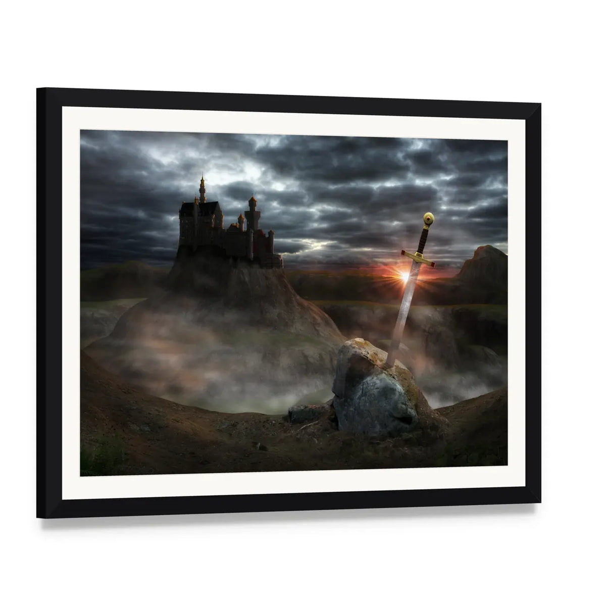Legendary Castle with Sword at Sunset Canvas Wall Art, framed print with white mat and black frame, angled product view