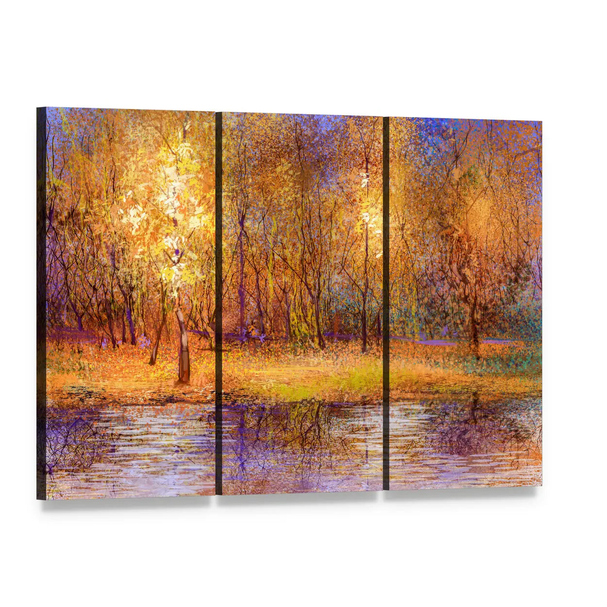 Golden Autumn Forest by Lake Canvas Wall Art, 3 panel 3 Horizontal layout gallery wrapped canvas set, angled product view
