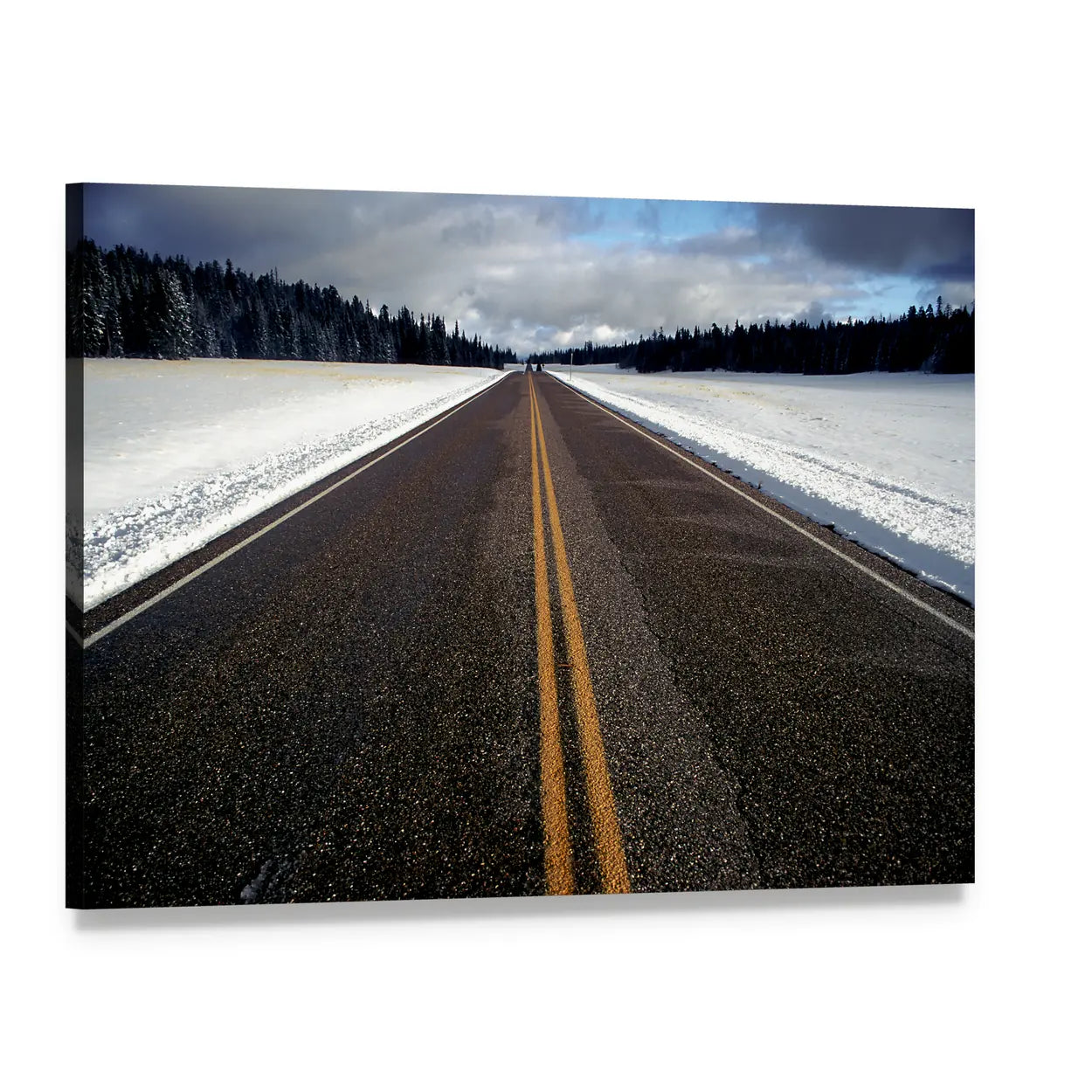 Winter Road with Double Yellow Lines Canvas Wall Art, single panel gallery wrapped canvas, angled product view
