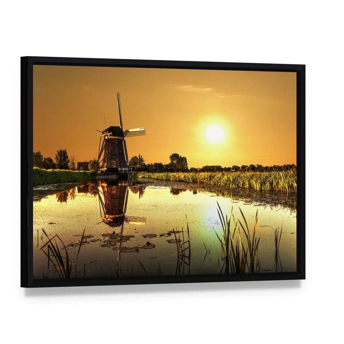 Kinderdijk Windmill at Golden Sunrise Canvas Wall Art, framed canvas in a black floater frame, angled product view