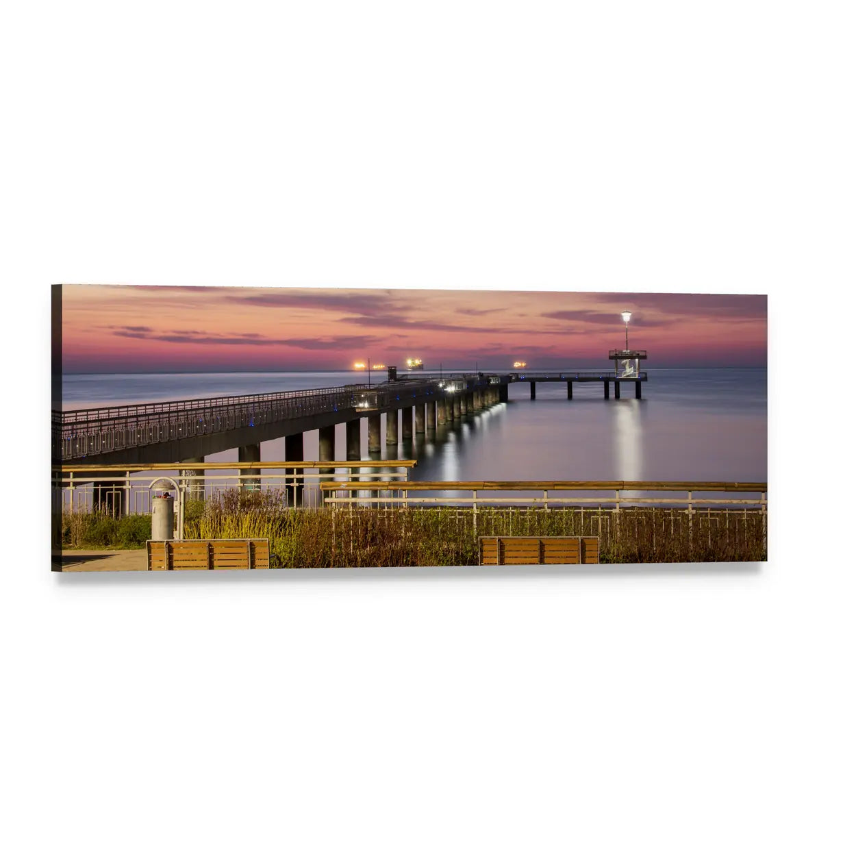 Wooden Pier at Sunset Panoramic Canvas Wall Art, single panel gallery wrapped canvas, angled product view