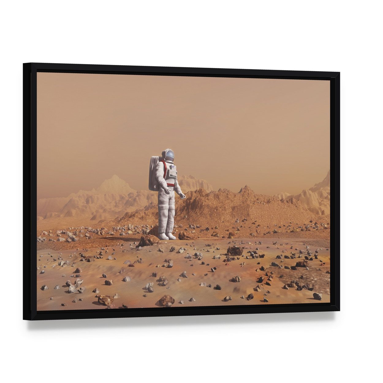 Astronaut Walking on Mars Canvas Wall Art, framed canvas in a black floater frame, angled product view