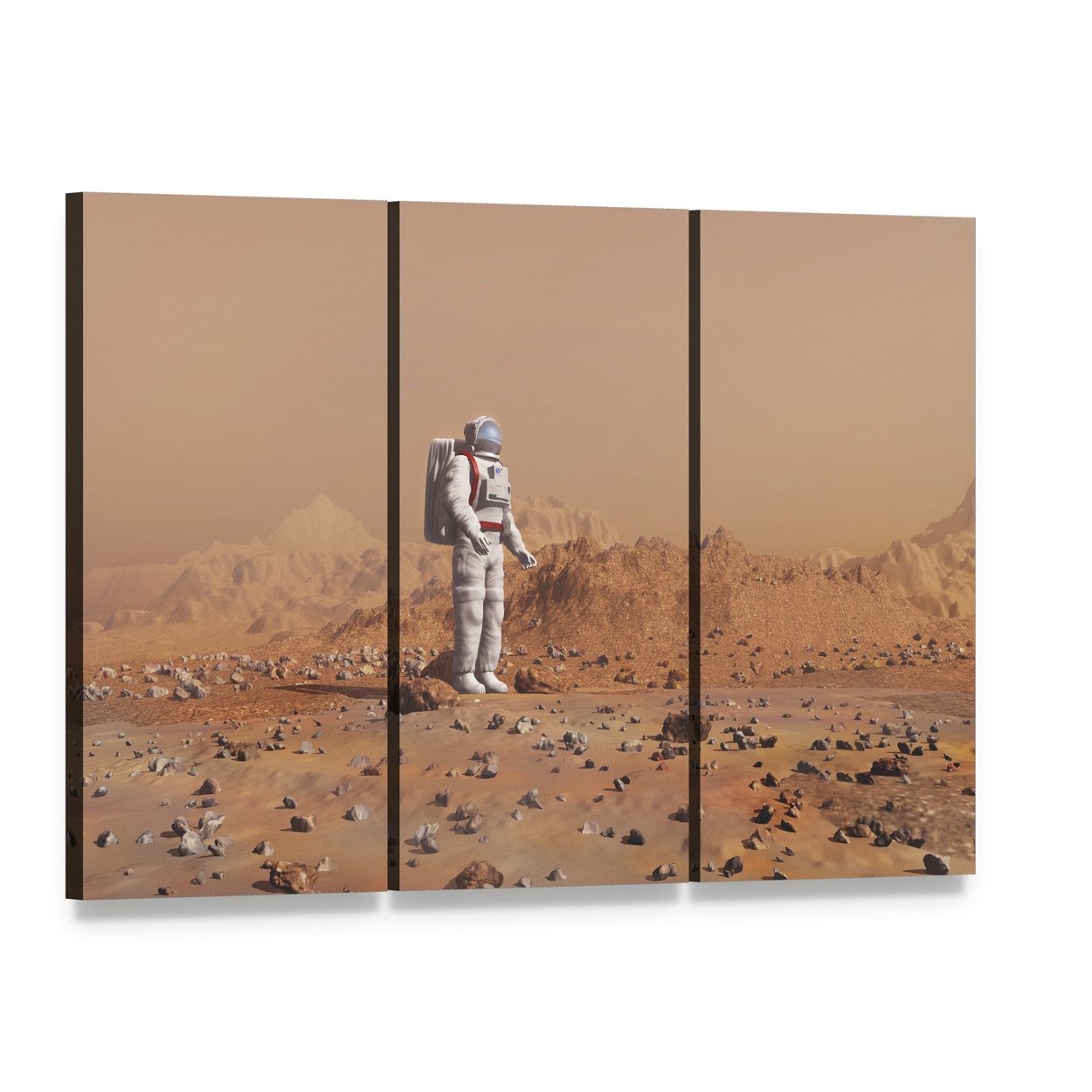 Astronaut Walking on Mars Canvas Wall Art, 3 panel 3 Horizontal layout gallery wrapped canvas set, angled product view