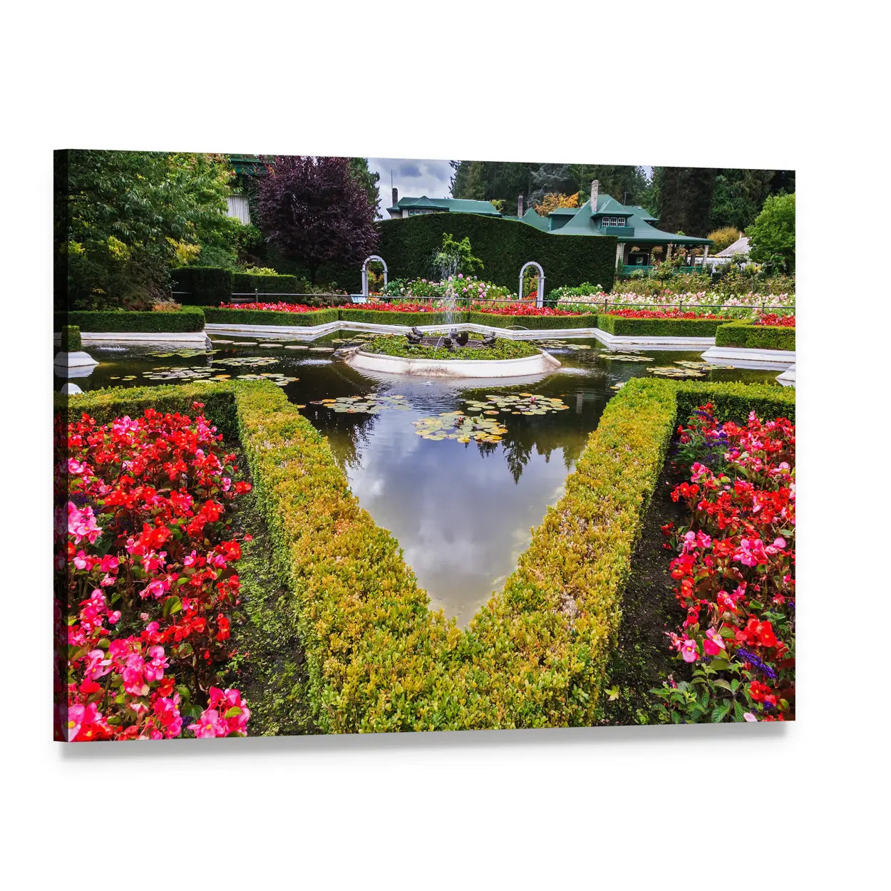 Formal Garden Fountain with Pond Reflection Canvas Wall Art, single panel gallery wrapped canvas, angled product view