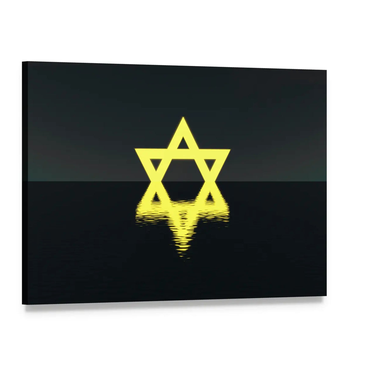 Glowing Yellow Star of David Over Water Canvas Wall Art, single panel gallery wrapped canvas, angled product view