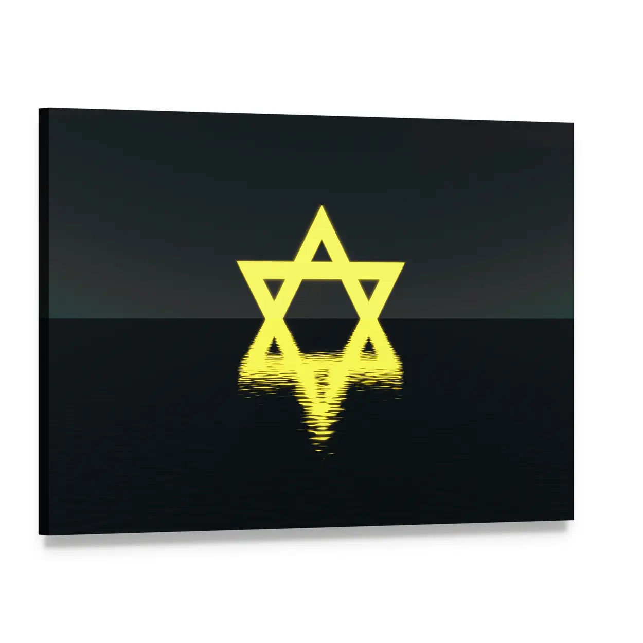Glowing Yellow Star of David Over Water Canvas Wall Art, single panel gallery wrapped canvas, angled product view