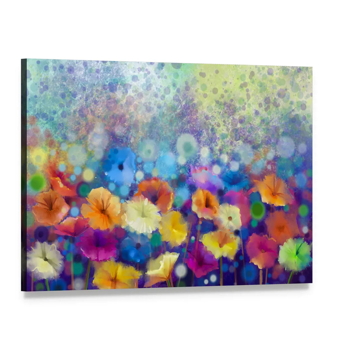 Colorful Watercolor Floral Meadow Canvas Wall Art, single panel gallery wrapped canvas, angled product view