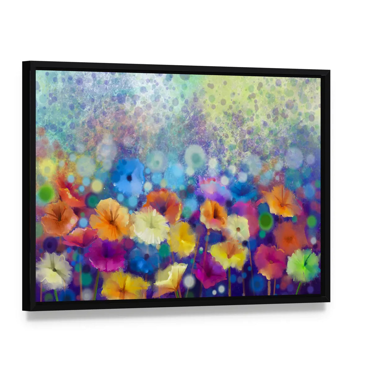 Colorful Watercolor Floral Meadow Canvas Wall Art, framed canvas in a black floater frame, angled product view