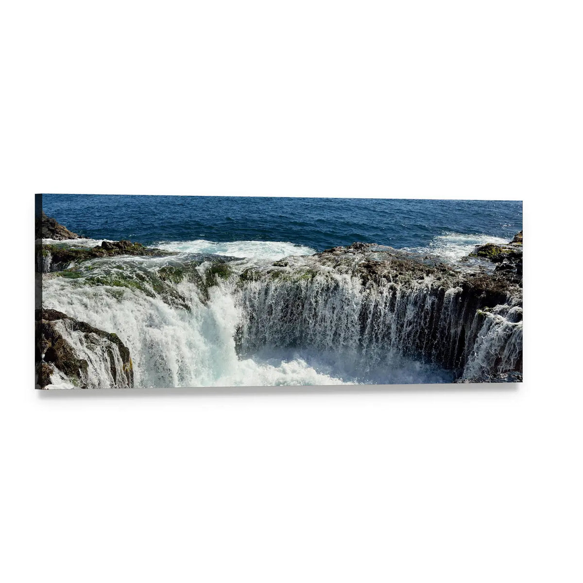 Coastal Sinkhole Waterfall Over Rocky Cliffs Panoramic Canvas Wall Art, single panel gallery wrapped canvas, angled product view