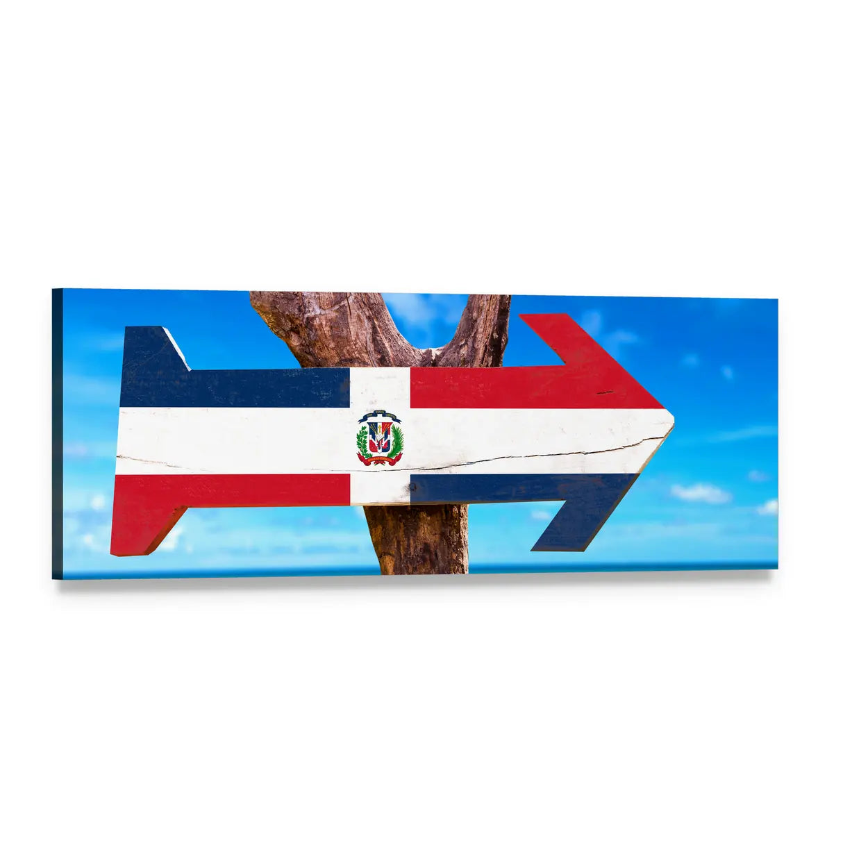 Dominican Republic Flag Painted on Wood Panoramic Canvas Wall Art, single panel gallery wrapped canvas, angled product view