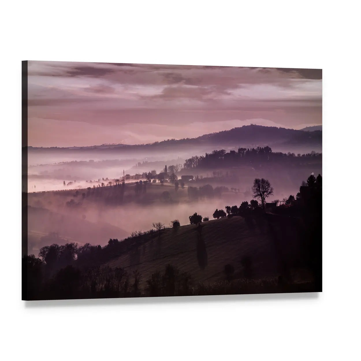 Purple Misty Hills at Dawn Canvas Wall Art, single panel gallery wrapped canvas, angled product view