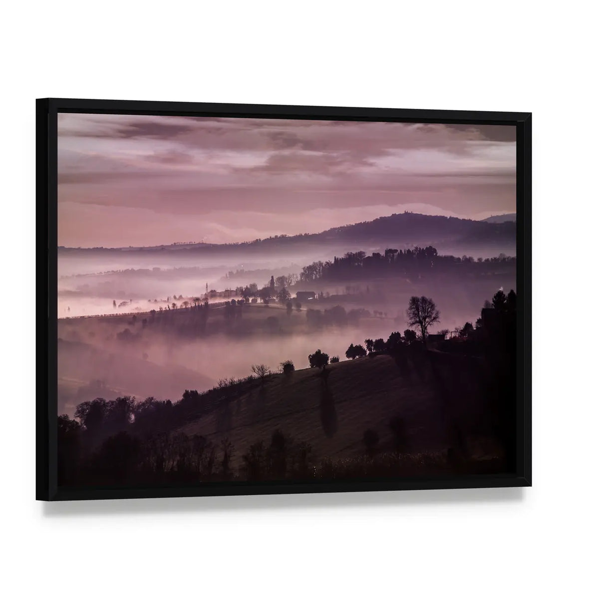 Purple Misty Hills at Dawn Canvas Wall Art, framed canvas in a black floater frame, angled product view