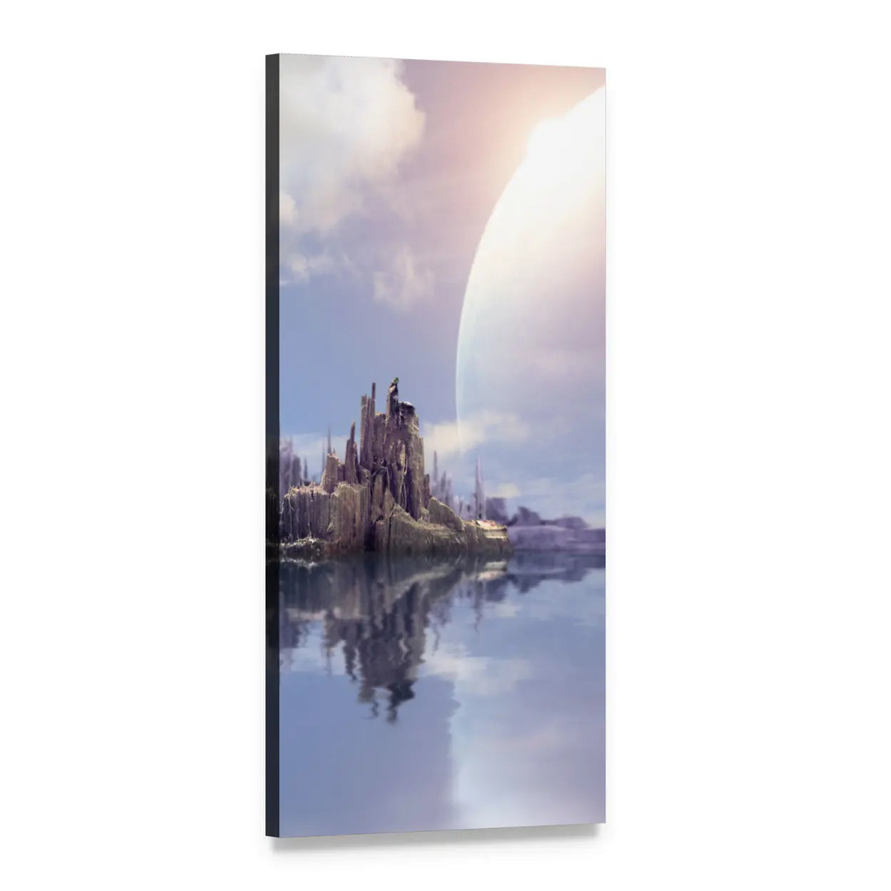 Reflective Alien Island Under Giant Planet Vertical Canvas Wall Art, 1 panel 1 Vertical layout gallery wrapped canvas set, angled product view