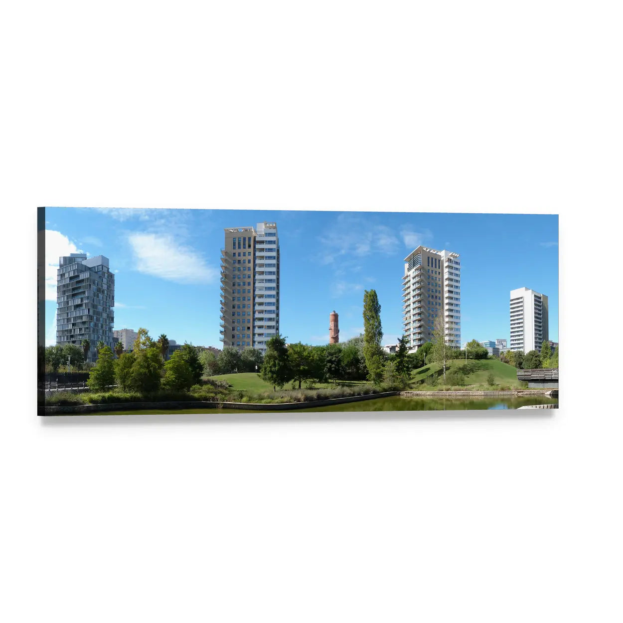 Catalonia Business District Under Blue Sky Panoramic Canvas Wall Art, single panel gallery wrapped canvas, angled product view