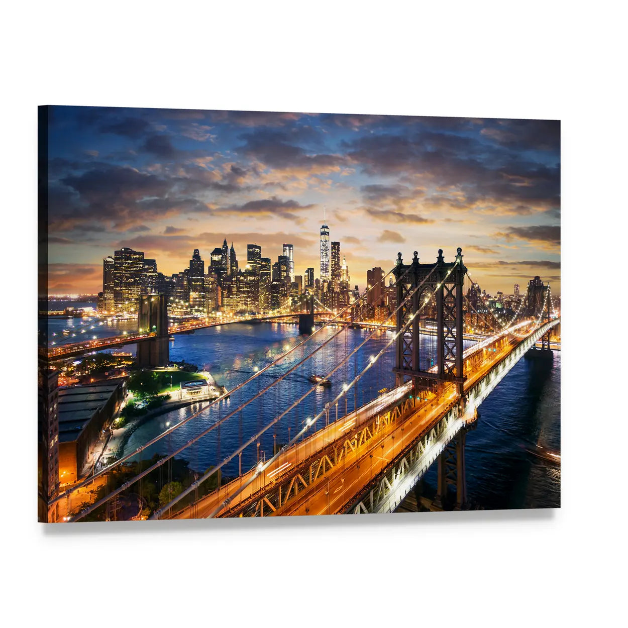 Manhattan Bridge and Skyline at Dusk Canvas Wall Art, single panel gallery wrapped canvas, angled product view