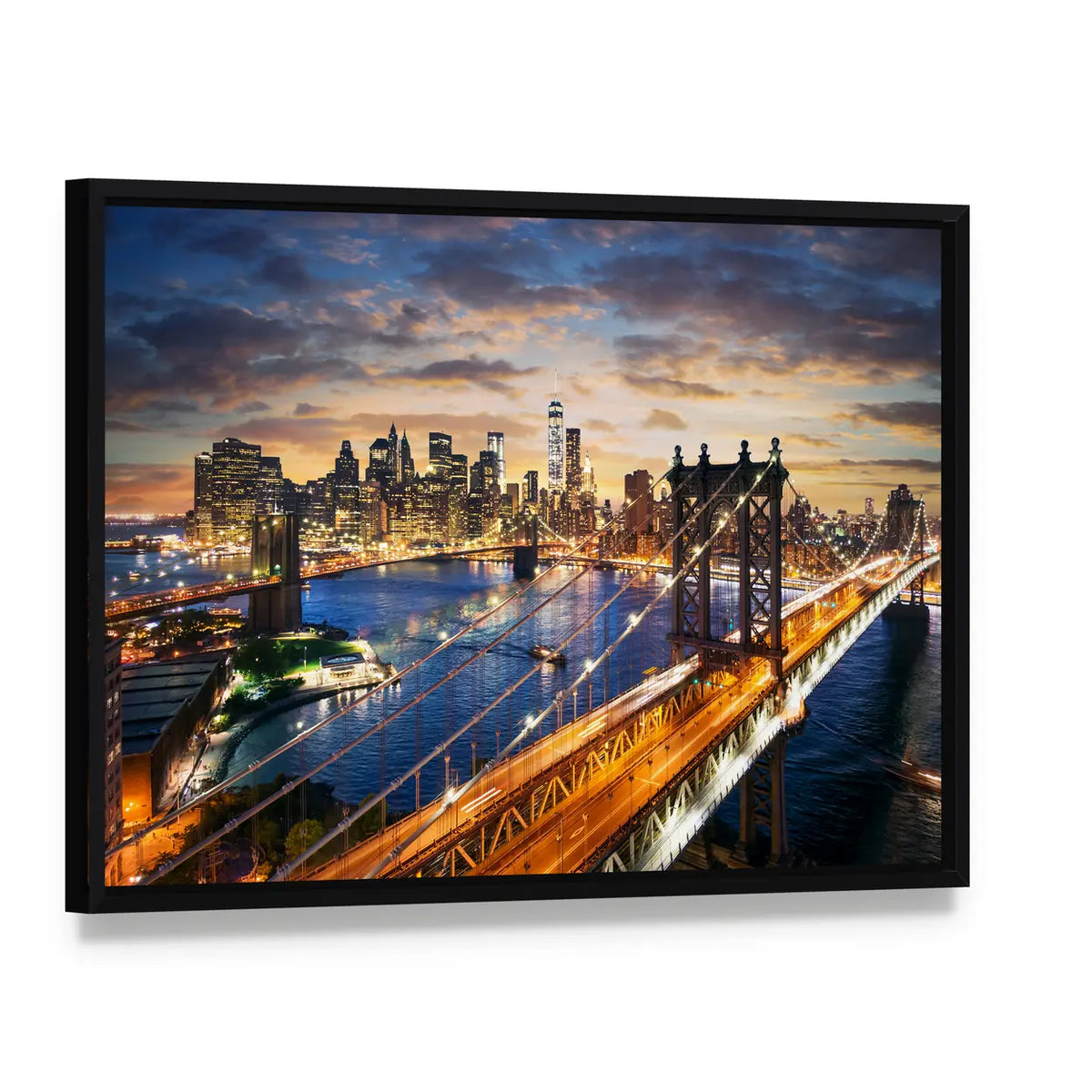 Manhattan Bridge and Skyline at Dusk Canvas Wall Art, framed canvas in a black floater frame, angled product view