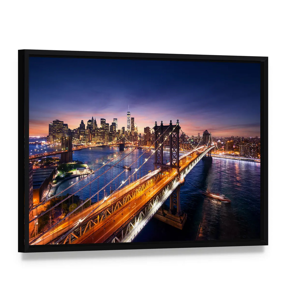 Dusk Over Manhattan Bridge Canvas Wall Art, framed canvas in a black floater frame, angled product view