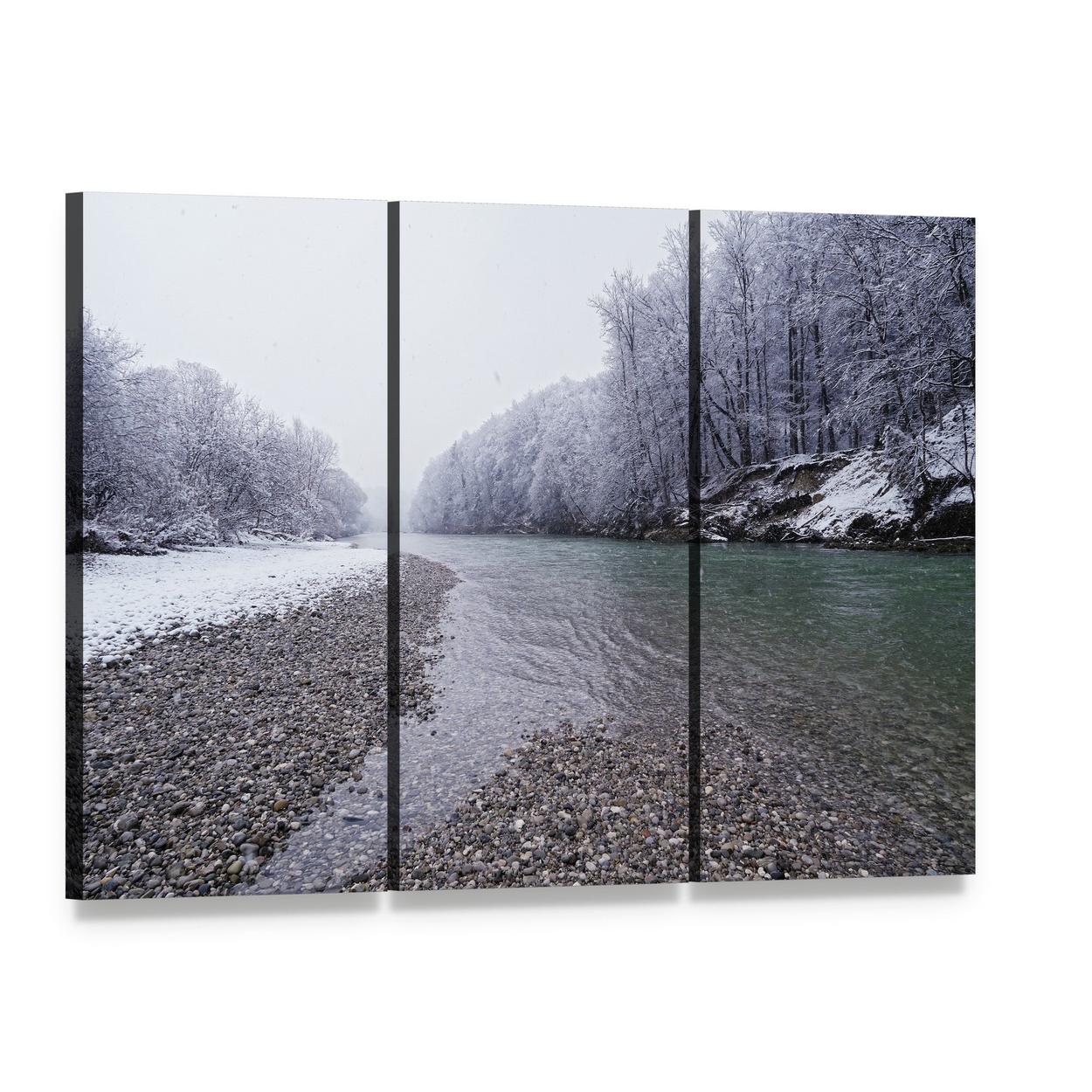 Isar River in Winter Canvas Wall Art, 3 panel 3 Horizontal layout gallery wrapped canvas set, angled product view