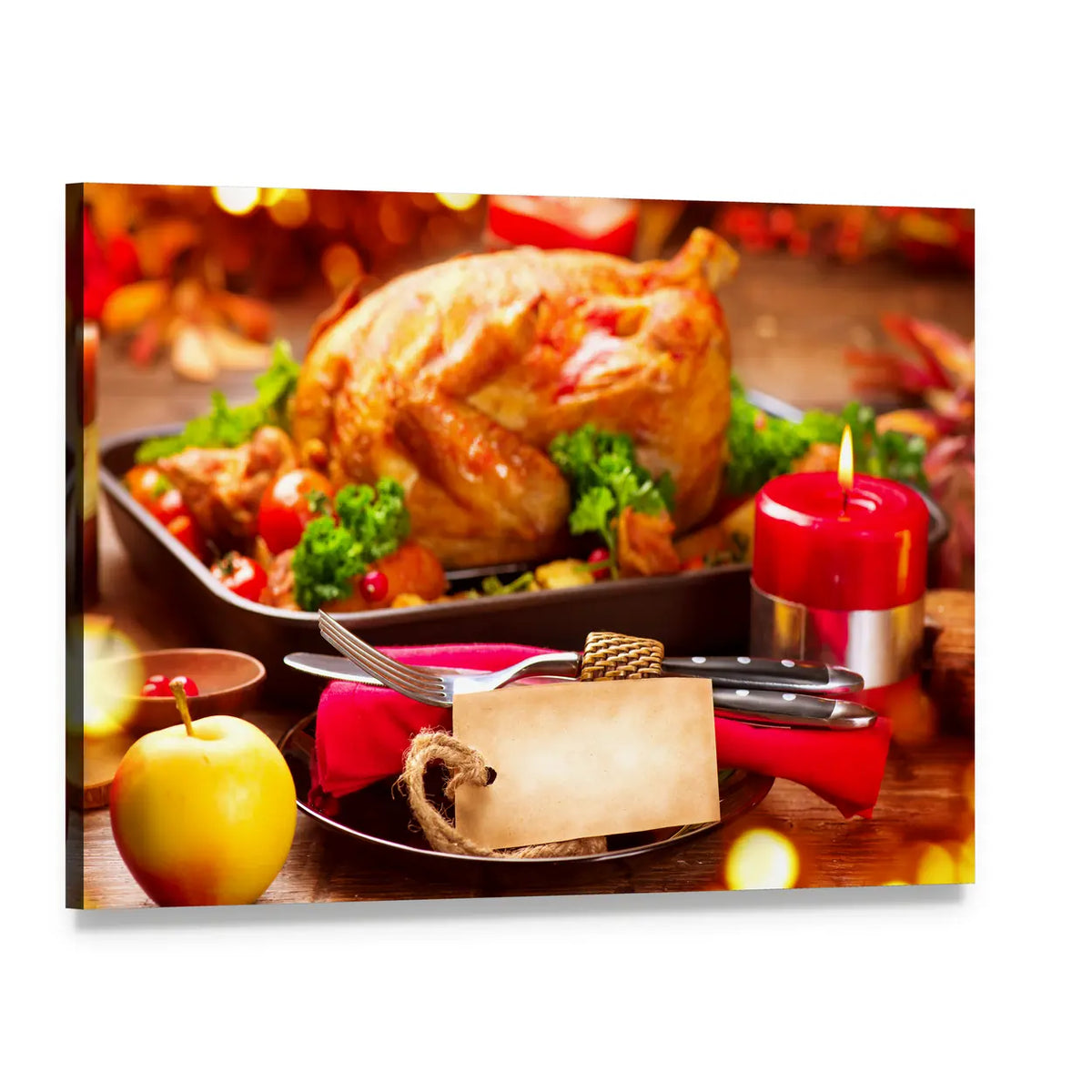 Thanksgiving Dinner Table Canvas Wall Art, single panel gallery wrapped canvas, angled product view