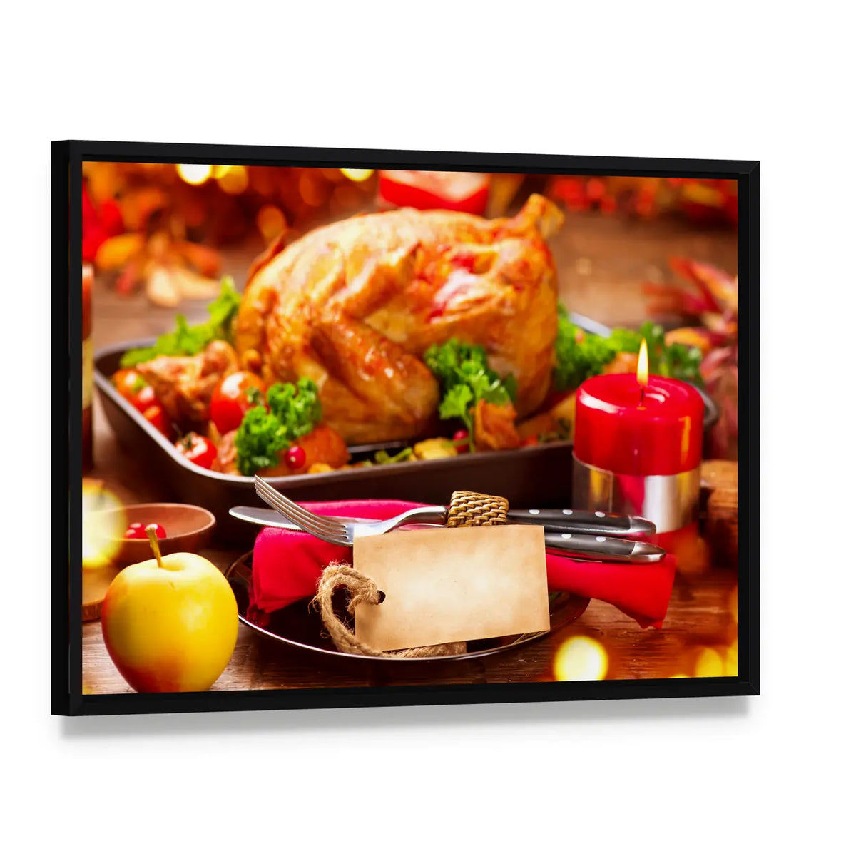 Thanksgiving Dinner Table Canvas Wall Art, framed canvas in a black floater frame, angled product view