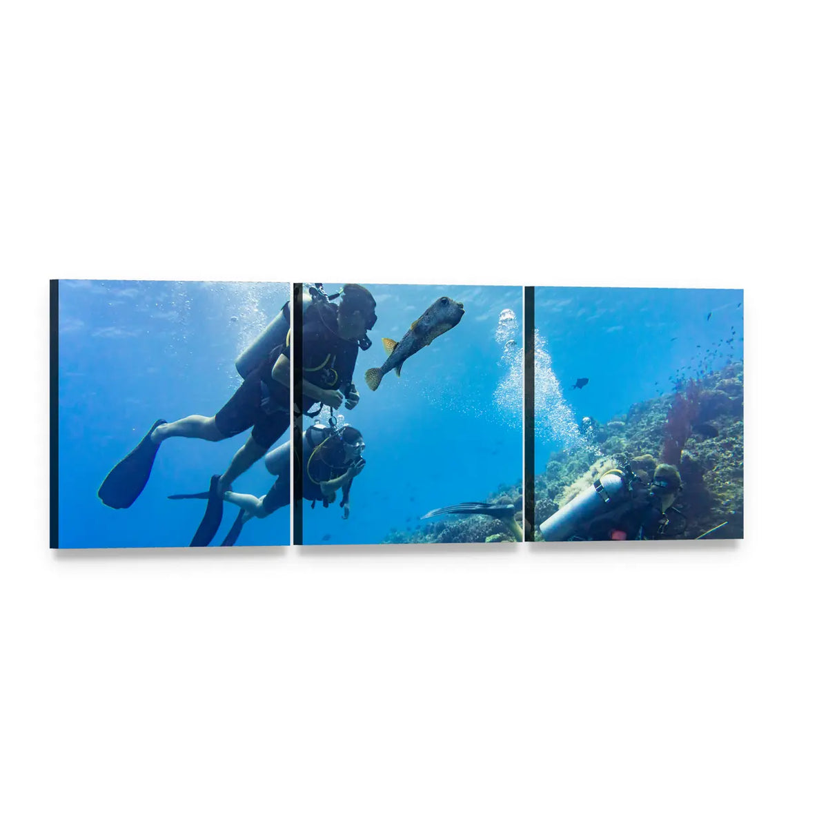 Scuba Divers at Coral Reef Panoramic Canvas Wall Art, 3 panel 3 Piece layout gallery wrapped canvas set, angled product view