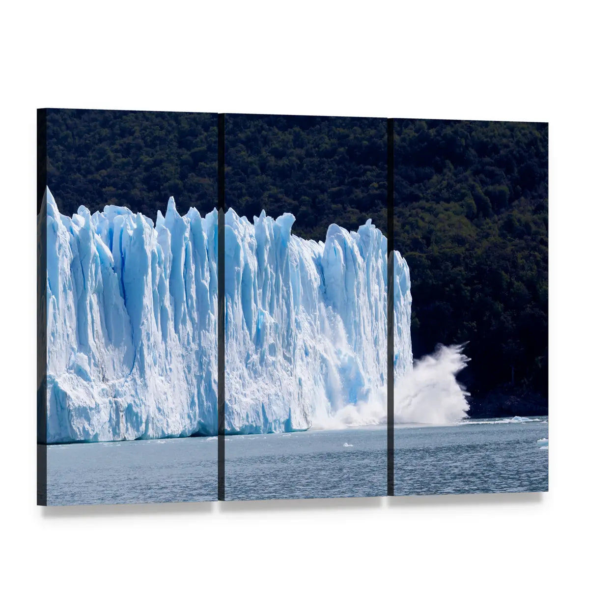 Glacier Calving Over Water Canvas Wall Art, 3 panel 3 Horizontal layout gallery wrapped canvas set, angled product view