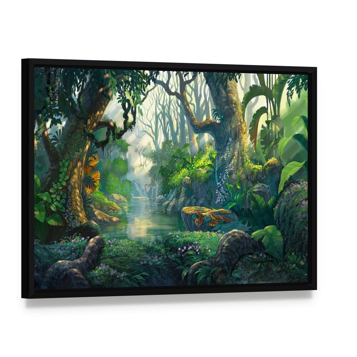 Enchanted Forest with River and Creatures Canvas Wall Art, framed canvas in a black floater frame, angled product view