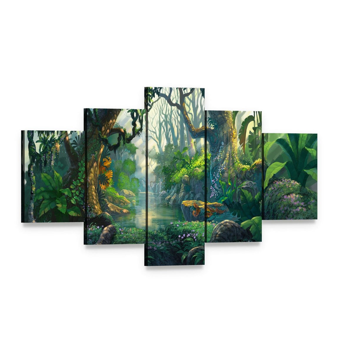 Enchanted Forest with River and Creatures Canvas Wall Art, 5 panel 5 Star layout gallery wrapped canvas set, angled product view
