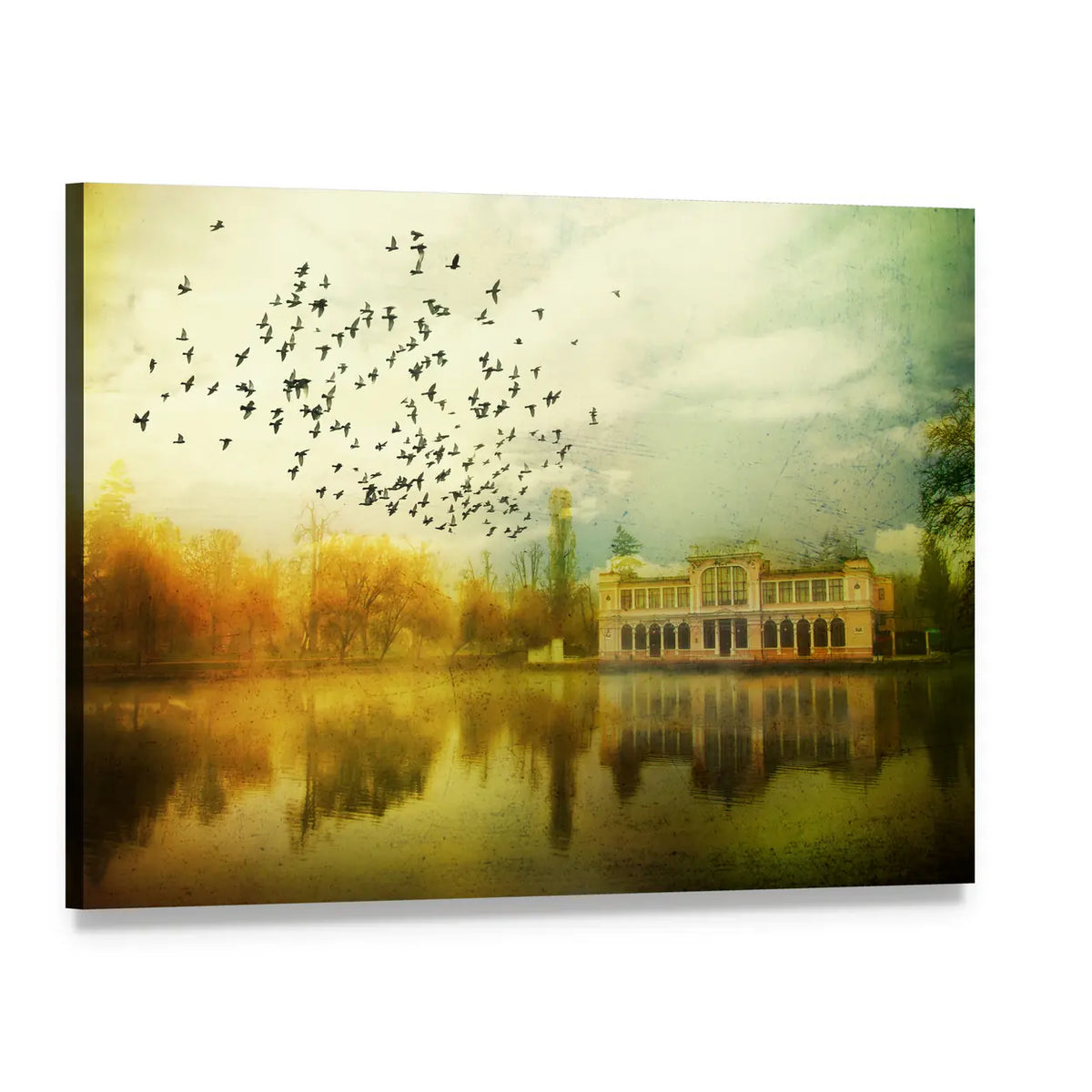 Flock Over Vintage Lakeside Mansion Canvas Wall Art, single panel gallery wrapped canvas, angled product view