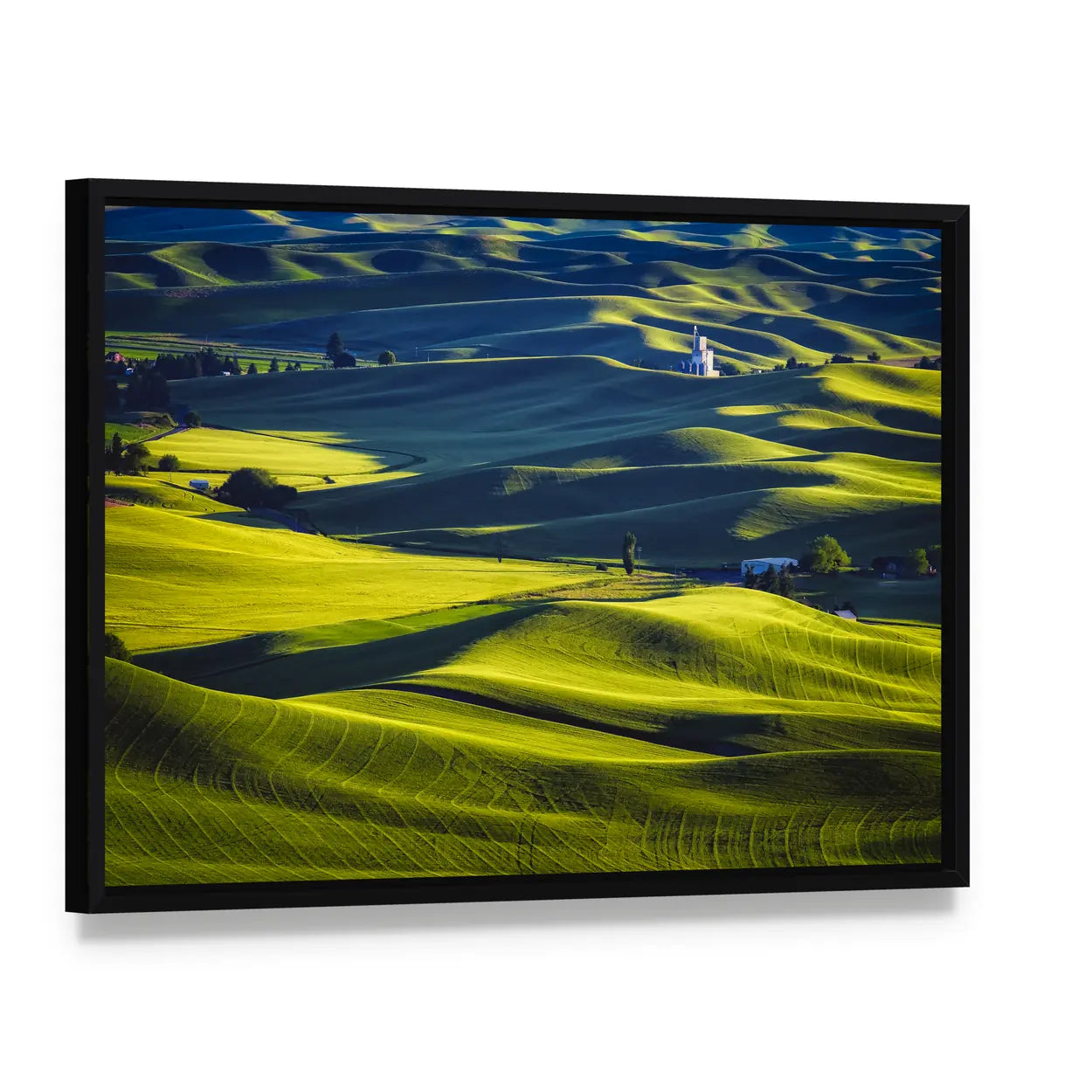 Palouse Rolling Hills at Sunset Canvas Wall Art, framed canvas in a black floater frame, angled product view