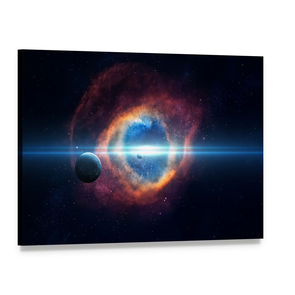 Nebula and Two Planets with Blue Light Beam Canvas Wall Art, single panel gallery wrapped canvas, angled product view