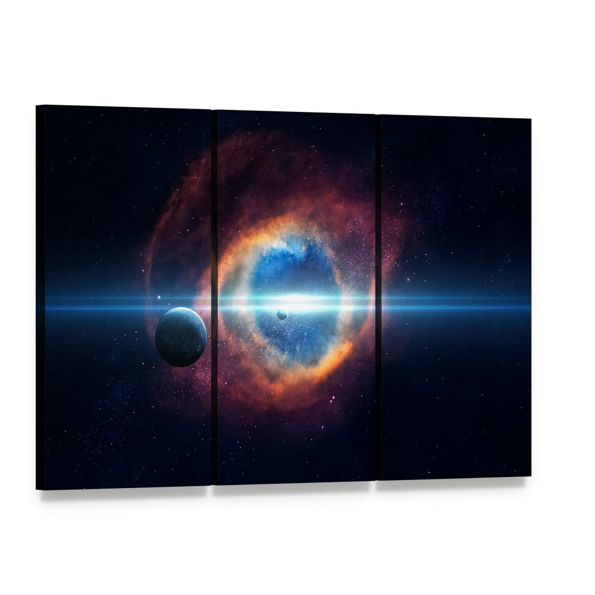 Nebula and Two Planets with Blue Light Beam Canvas Wall Art, 3 panel 3 Horizontal layout gallery wrapped canvas set, angled product view