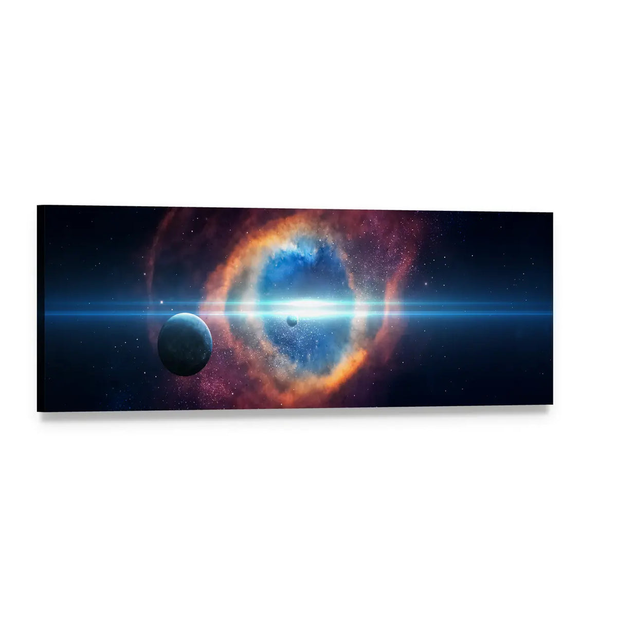 Cosmic Ring Nebula with Light Beam Panoramic Canvas Wall Art, single panel gallery wrapped canvas, angled product view