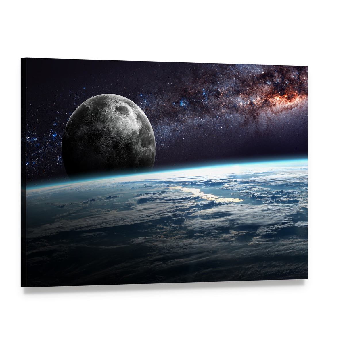Planet Earth and Moon Illustration Canvas Wall Art, single panel gallery wrapped canvas, angled product view