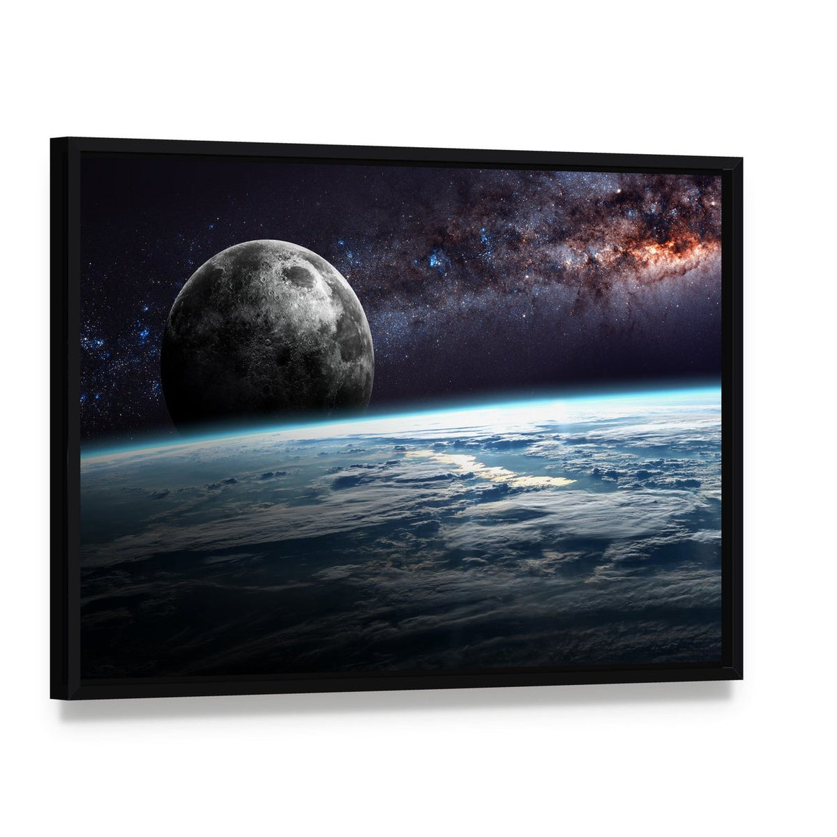Planet Earth and Moon Illustration Canvas Wall Art, framed canvas in a black floater frame, angled product view