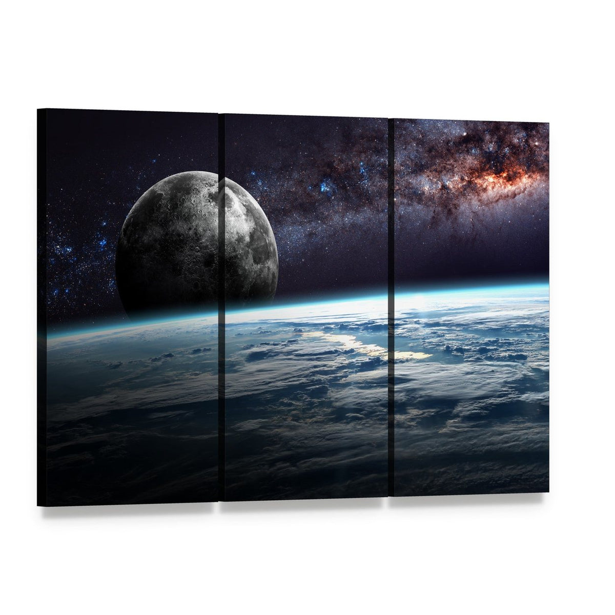 Planet Earth and Moon Illustration Canvas Wall Art, 3 panel 3 Horizontal layout gallery wrapped canvas set, angled product view