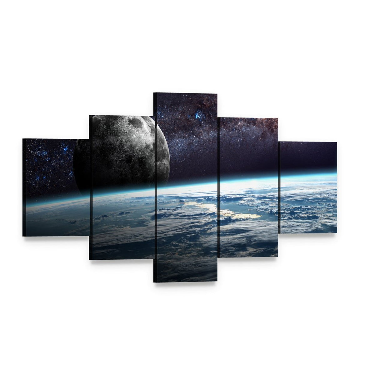 Planet Earth and Moon Illustration Canvas Wall Art, 5 panel 5 Star layout gallery wrapped canvas set, angled product view
