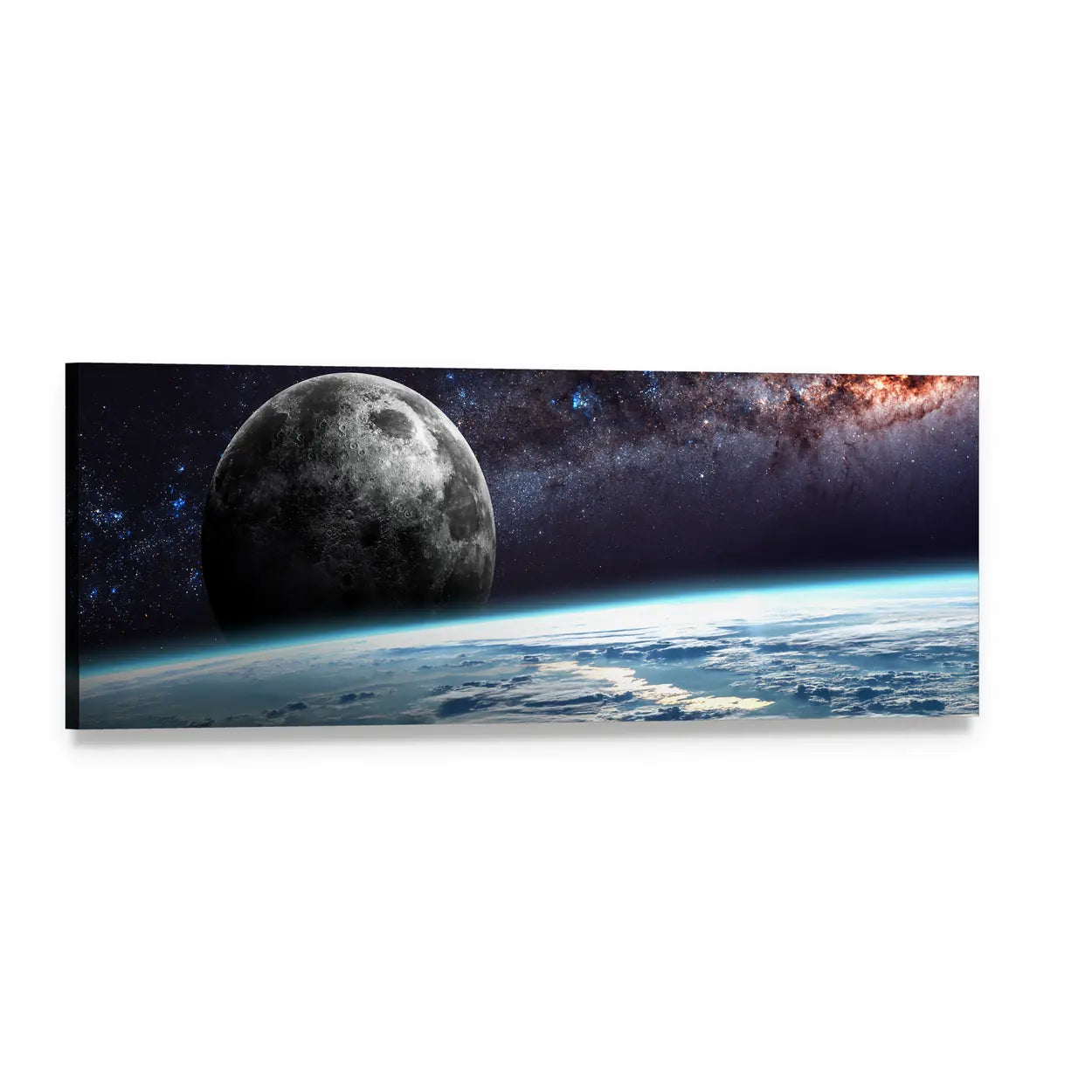 Earth Horizon with Moon and Milky Way Panoramic Canvas Wall Art, single panel gallery wrapped canvas, angled product view
