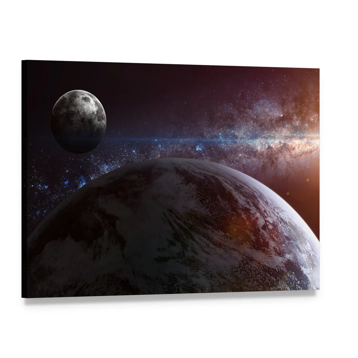 Earth with Moon and Stars Canvas Wall Art, single panel gallery wrapped canvas, angled product view