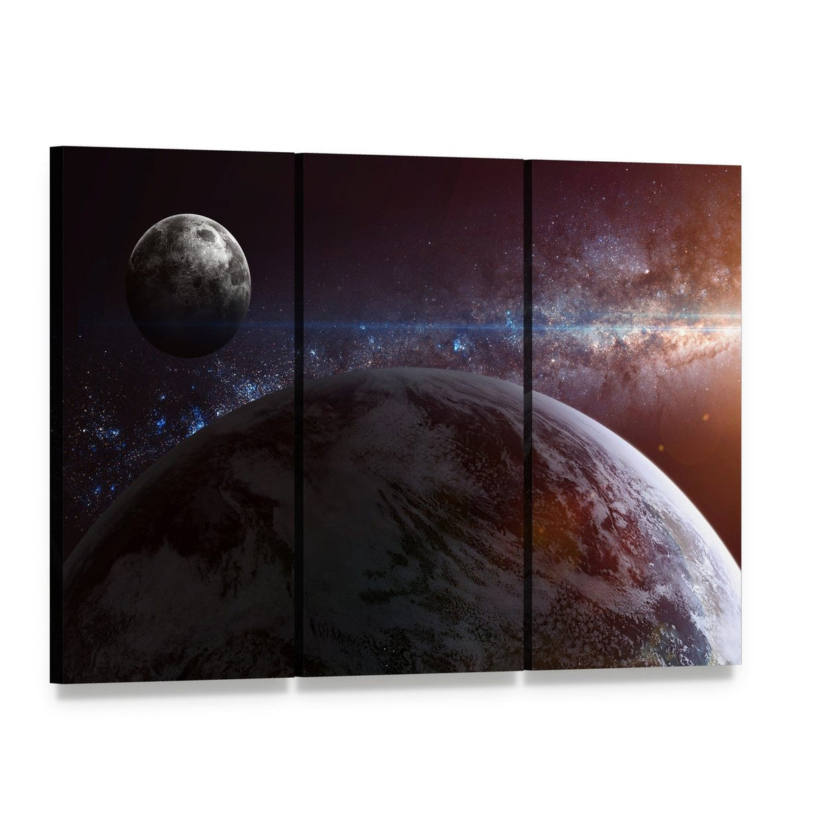 Earth Moon Stars Canvas Wall Art, 3 panel 3 Horizontal layout gallery wrapped canvas set, angled product view