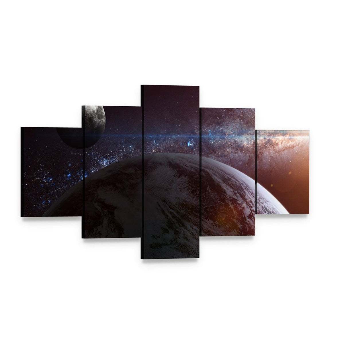 Earth Moon Stars Canvas Wall Art, 5 panel 5 Star layout gallery wrapped canvas set, angled product view