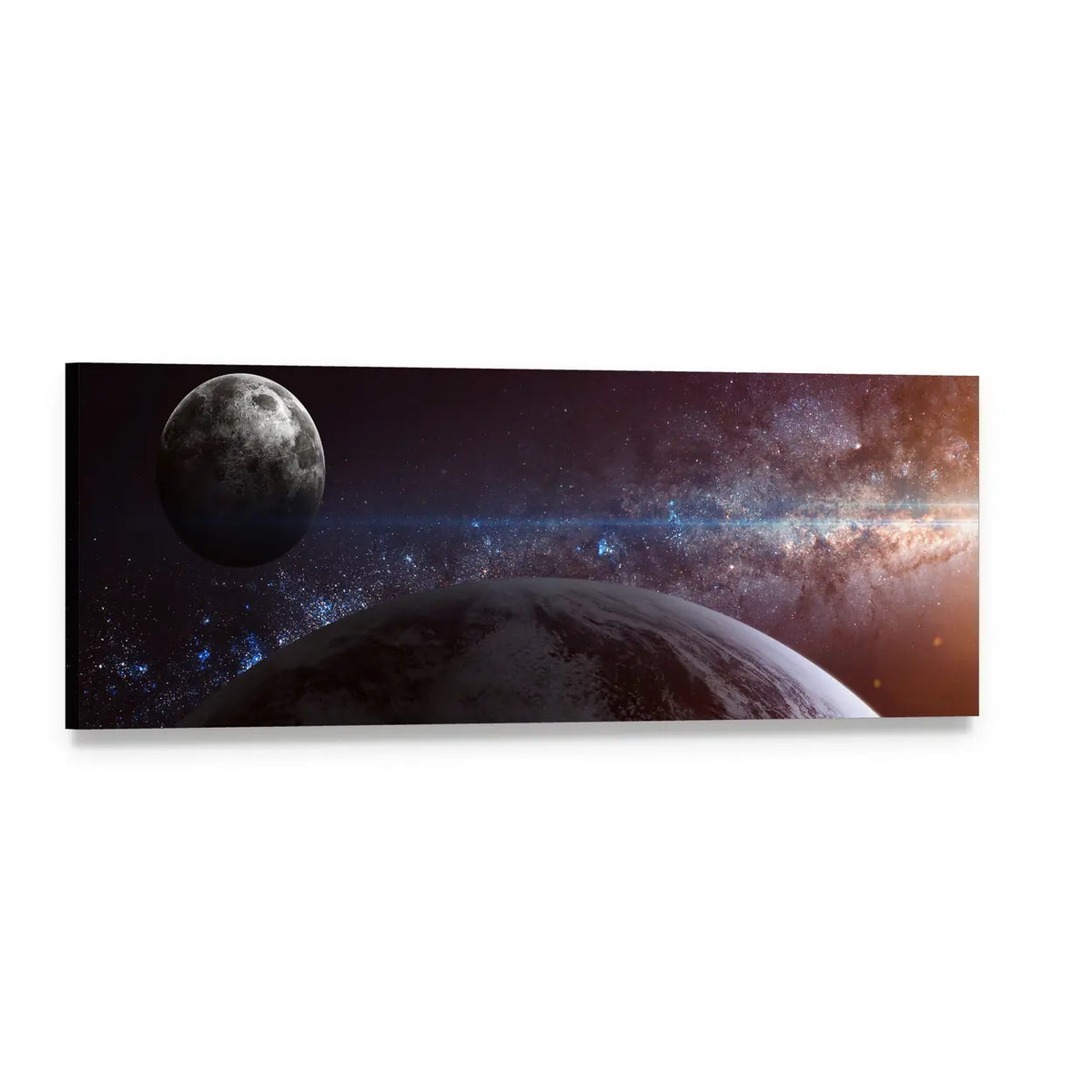 Earth with Moon and Stars Panoramic Canvas Wall Art, single panel gallery wrapped canvas, angled product view
