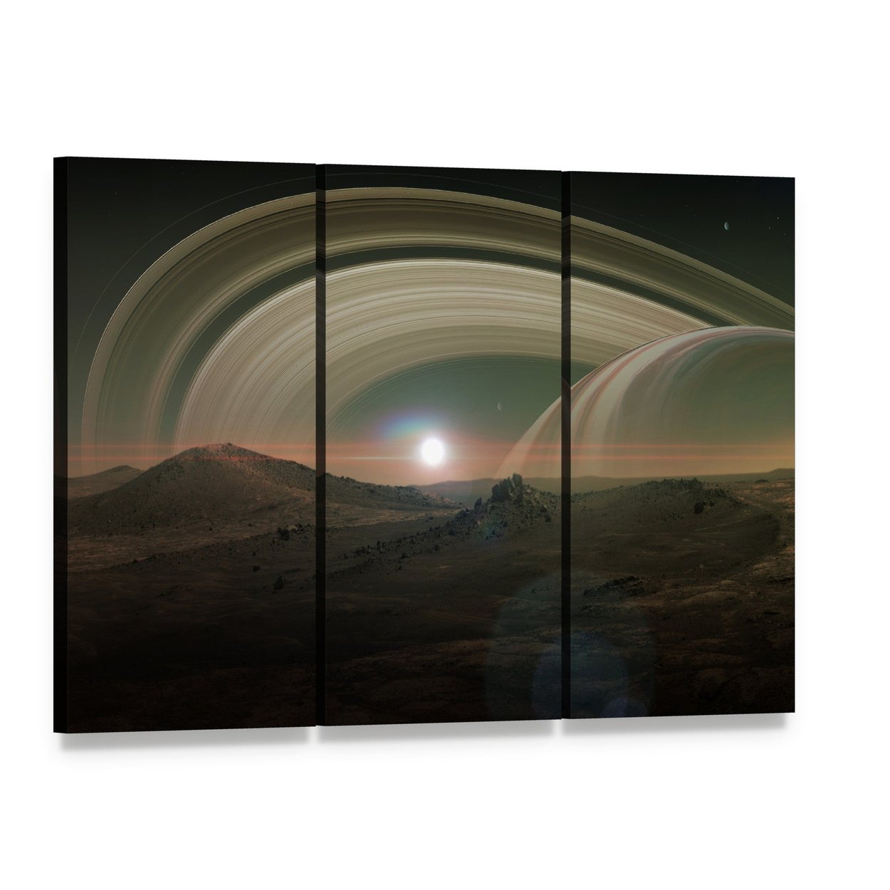 View of Saturn from Titan Canvas Wall Art, 3 panel 3 Horizontal layout gallery wrapped canvas set, angled product view