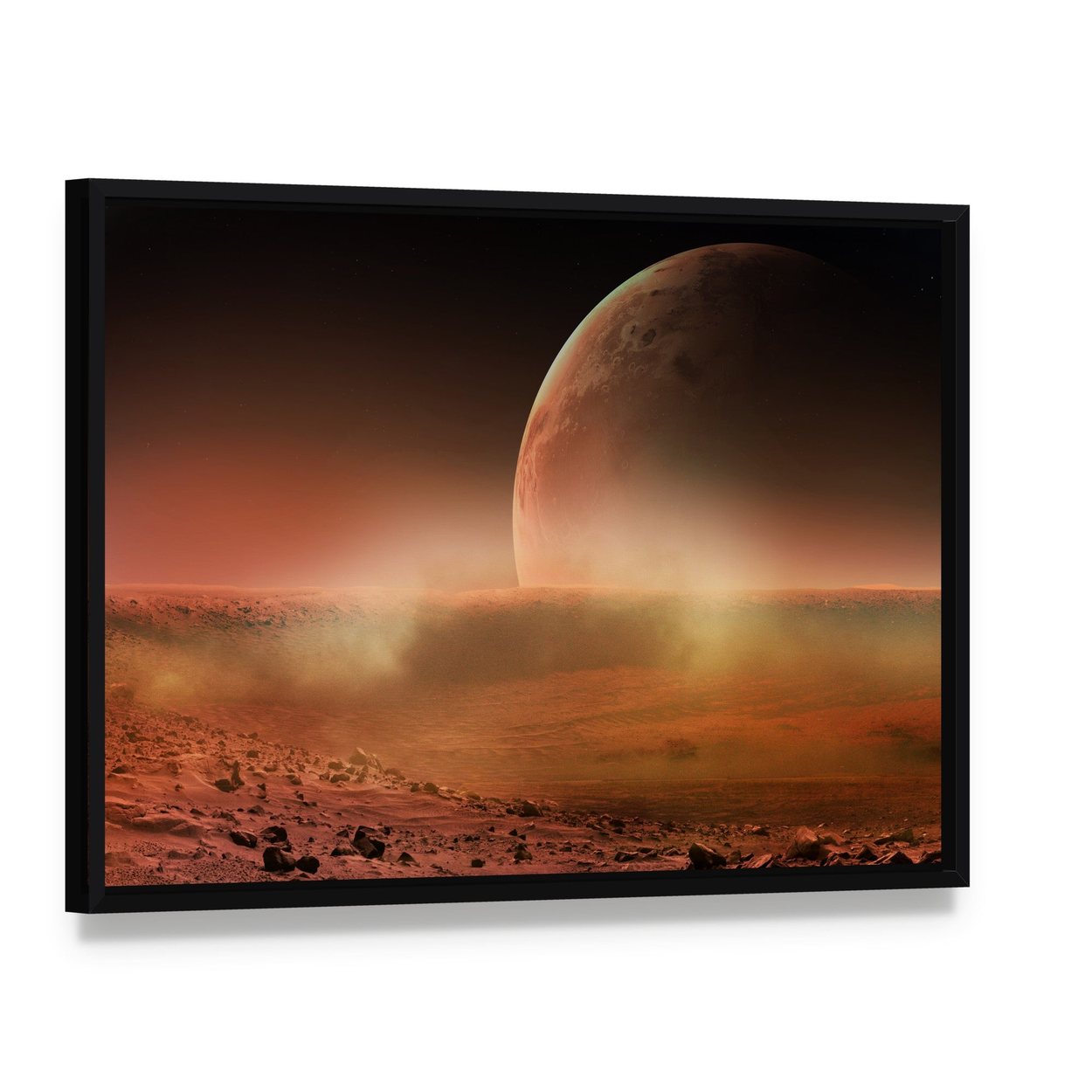 View of Mars from Phobos Canvas Wall Art, framed canvas in a black floater frame, angled product view