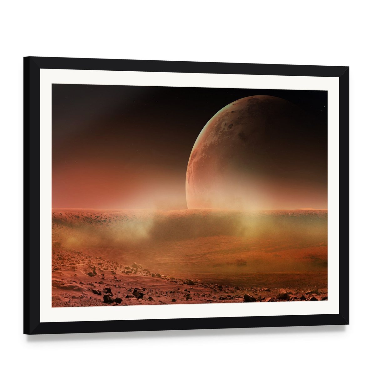 View of Mars from Phobos Canvas Wall Art, framed print with white mat and black frame, angled product view