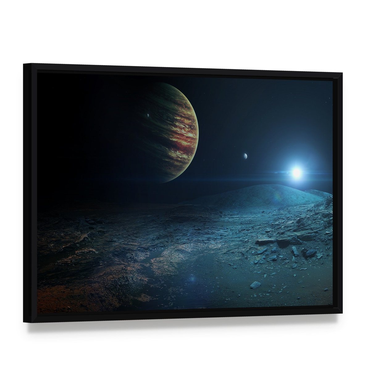 View of Jupiter from Ganymede Canvas Wall Art, framed canvas in a black floater frame, angled product view