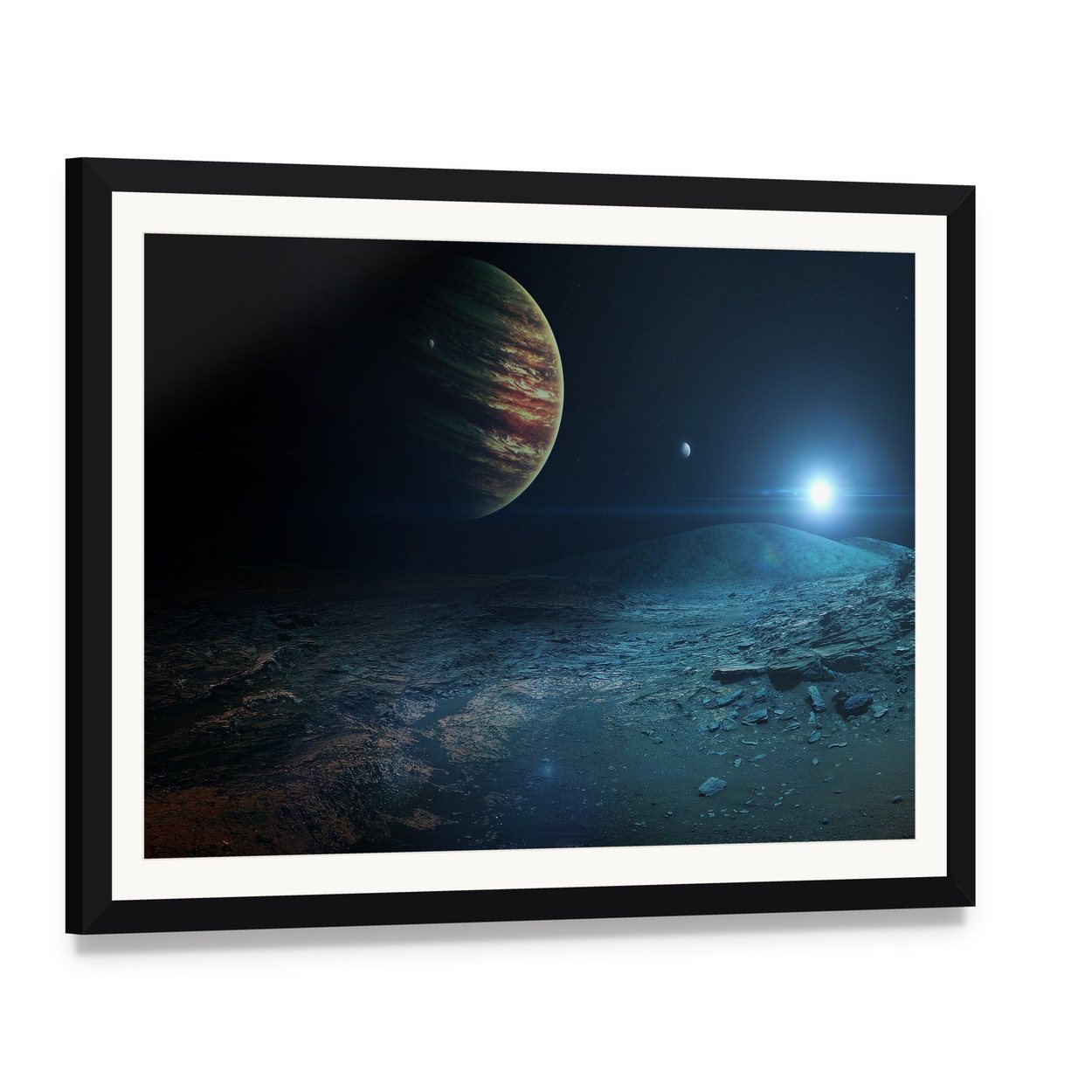 View of Jupiter from Ganymede Canvas Wall Art, framed print with white mat and black frame, angled product view