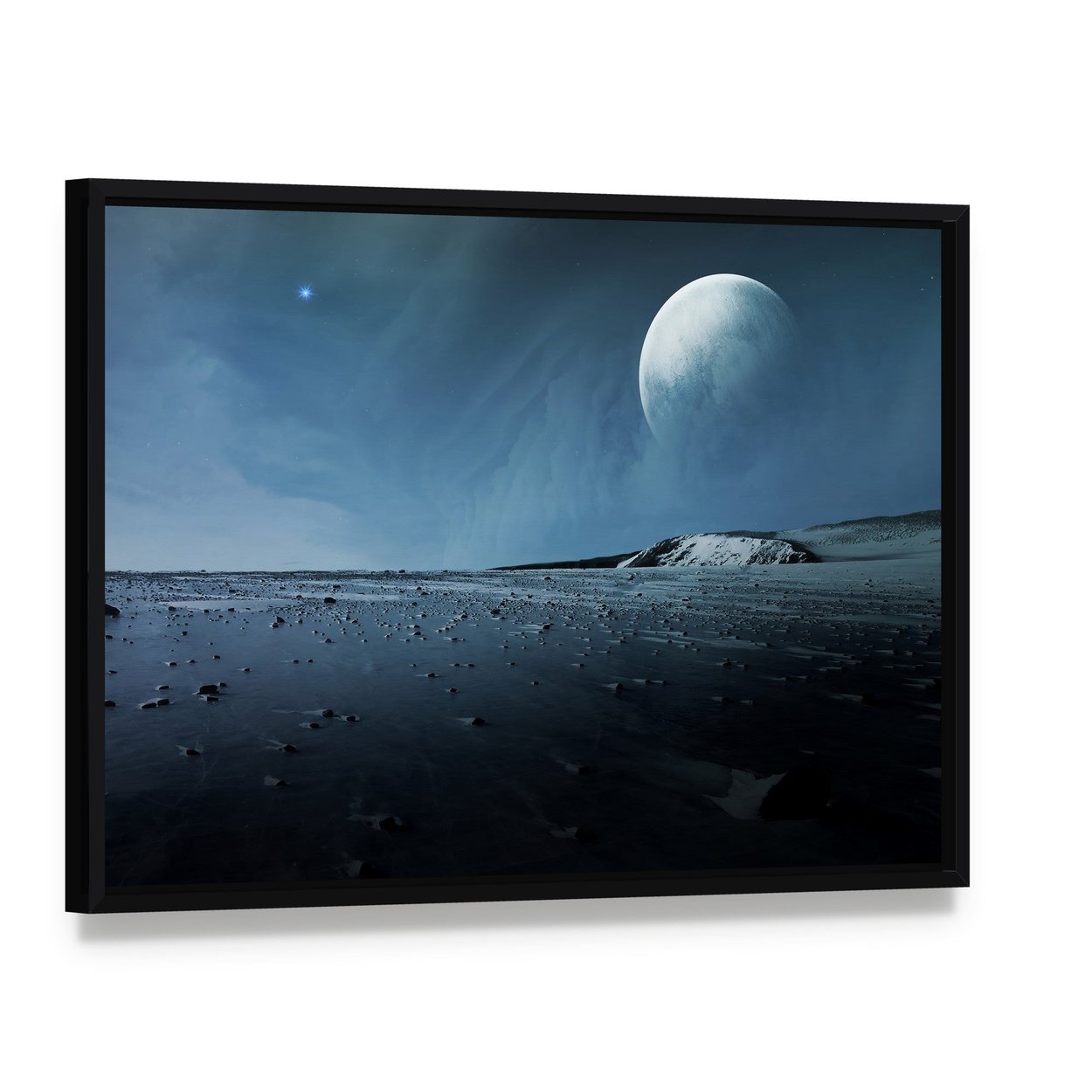View of Pluto from Charon Canvas Wall Art, framed canvas in a black floater frame, angled product view