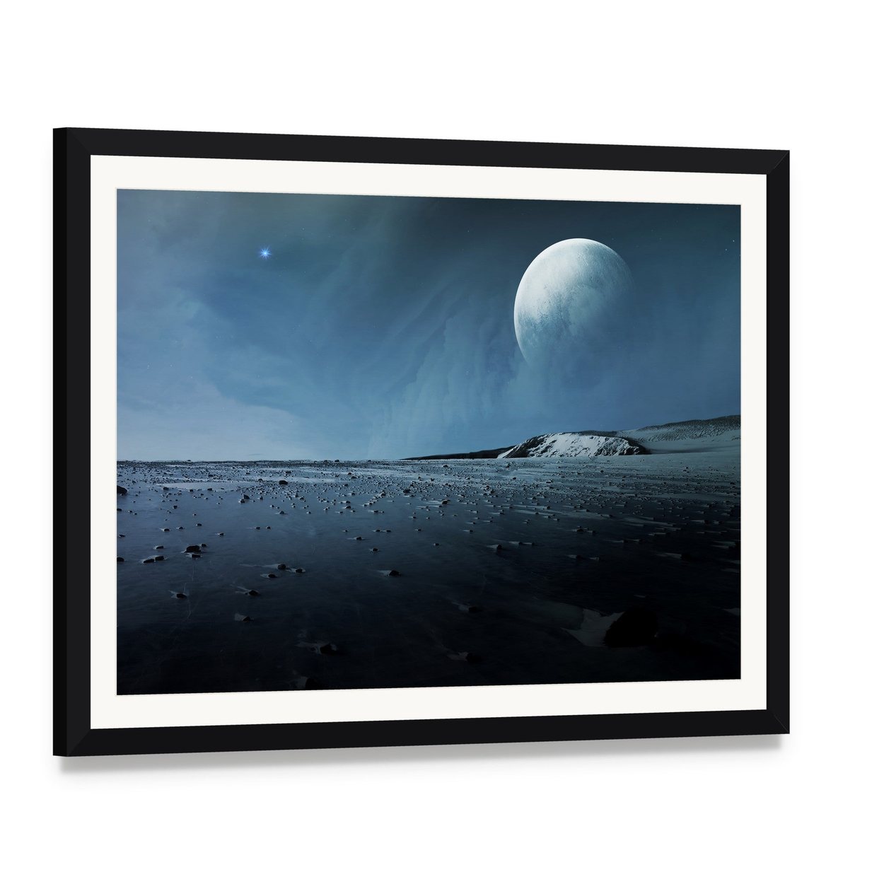 View of Pluto from Charon Canvas Wall Art, framed print with white mat and black frame, angled product view