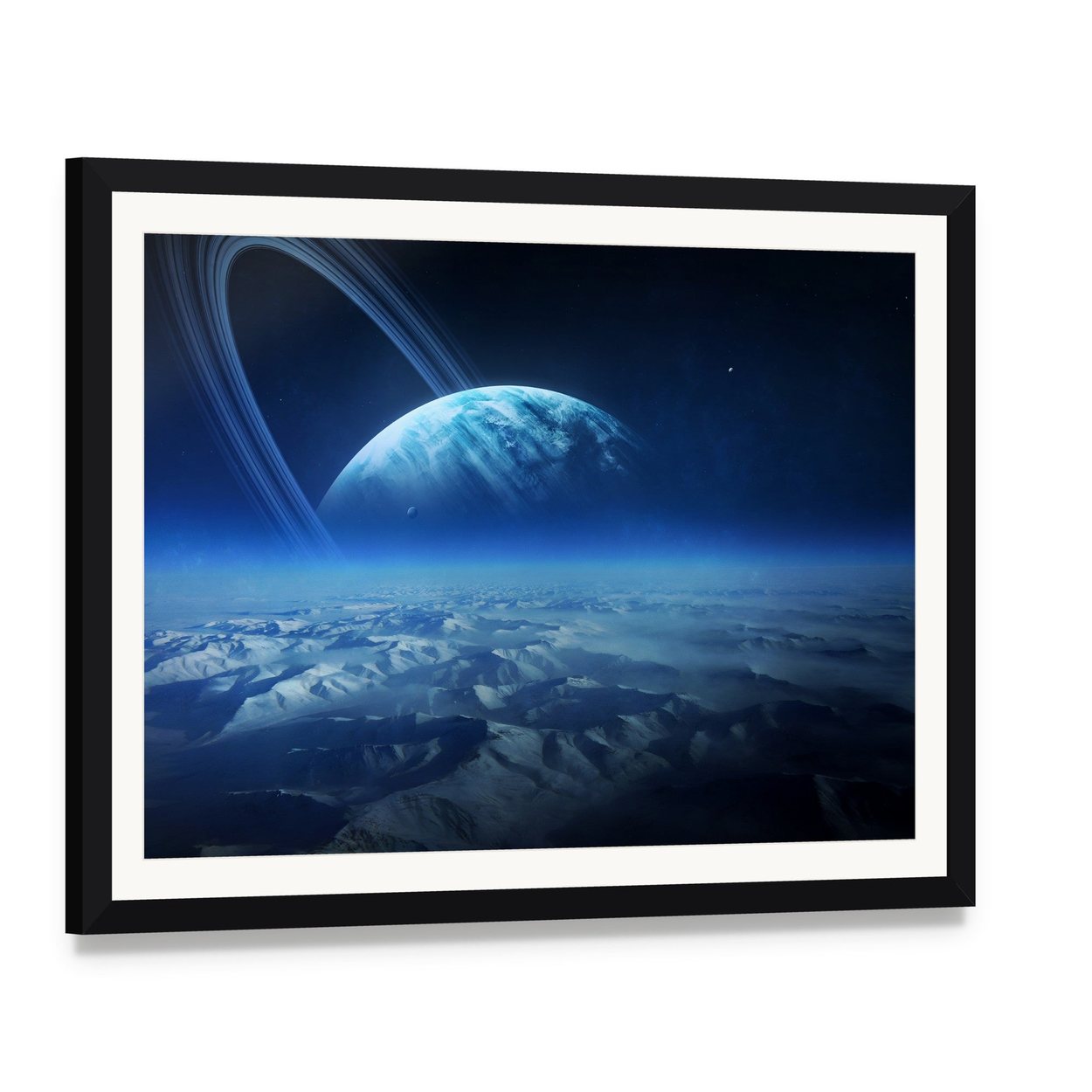 View of Uranus from Titania Canvas Wall Art, framed print with white mat and black frame, angled product view